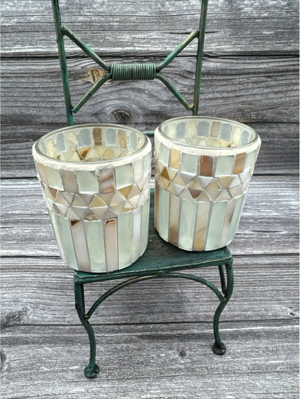 NWT Yankee Mother Of Pearl Votive Candle Holders Set Of 2 Ivory Tan Coastal